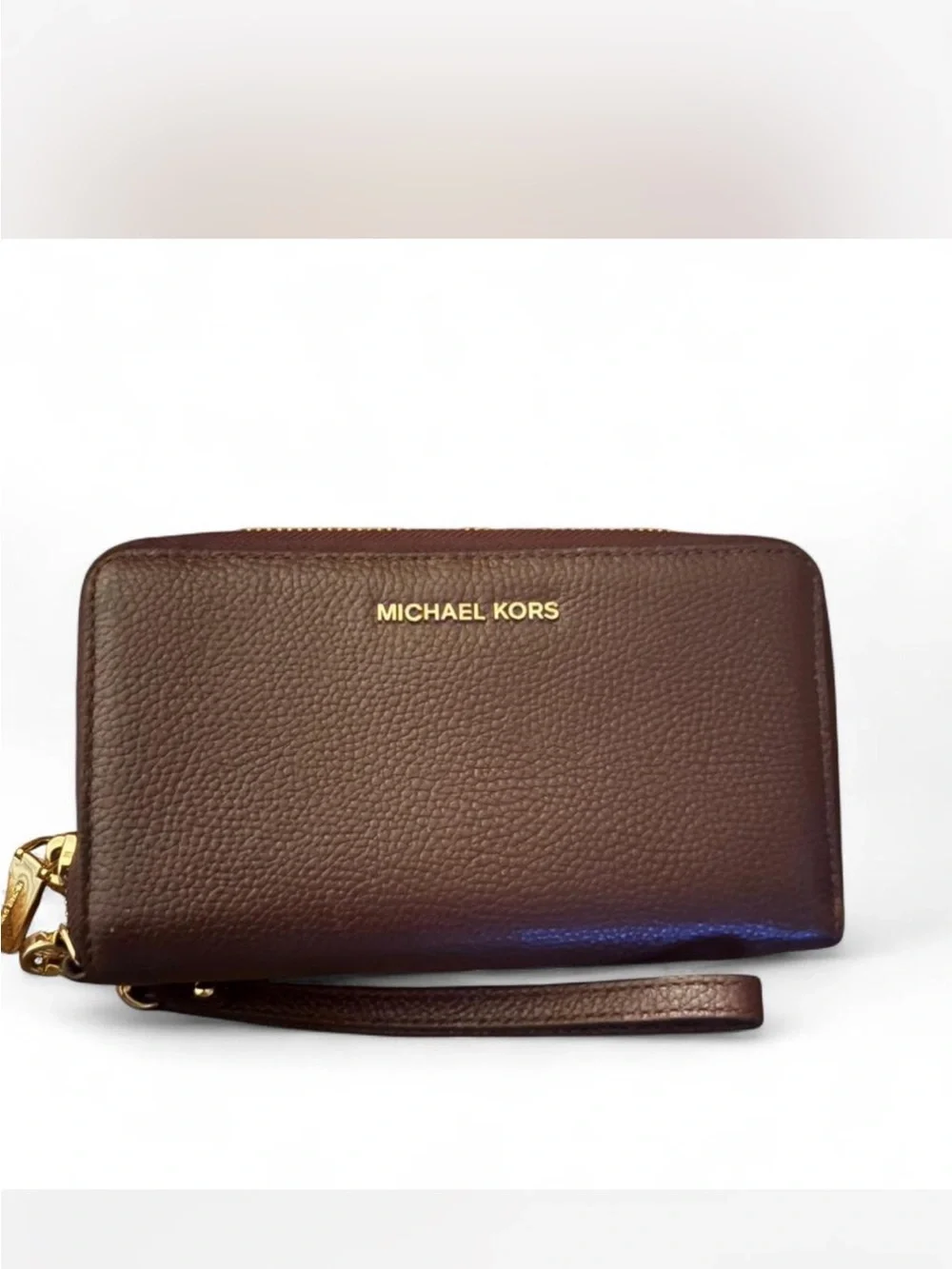 Michael Kors Chocolate Brown Pebbled Leather Wristlet with Gold Hardware